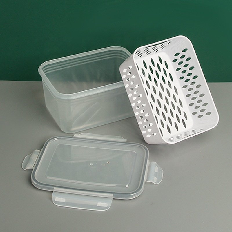 Vegetable Fruit Fresh Produce Fridge Refrigerator Fresh-keeping Storage Box Containers With Grid Strainer Drain Basket Crisper