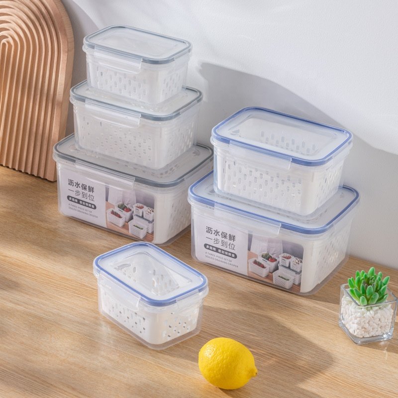 Vegetable Fruit Fresh Produce Fridge Refrigerator Fresh-keeping Storage Box Containers With Grid Strainer Drain Basket Crisper
