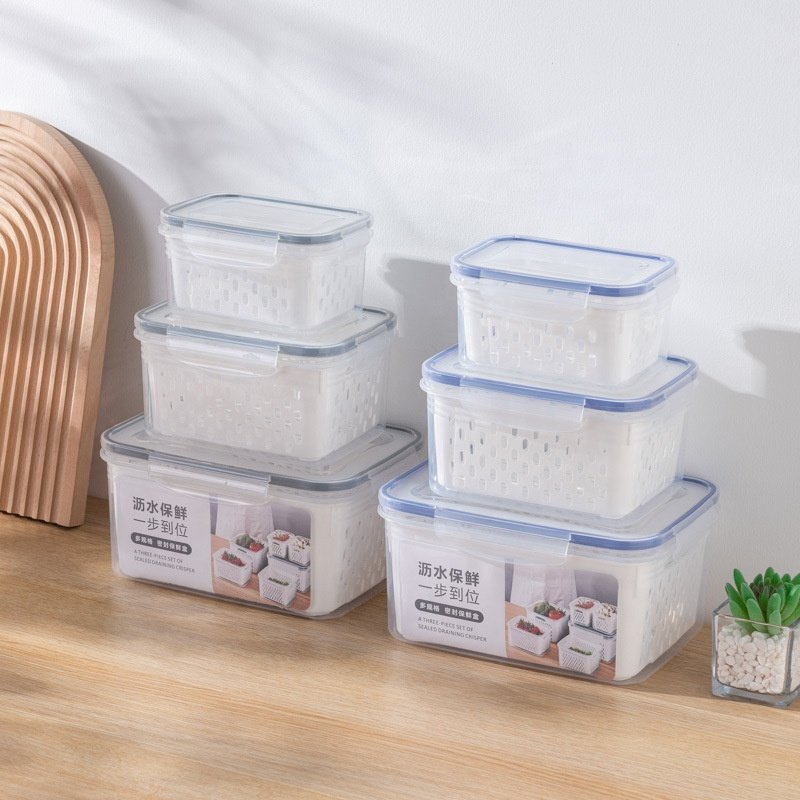 Vegetable Fruit Fresh Produce Fridge Refrigerator Fresh-keeping Storage Box Containers With Grid Strainer Drain Basket Crisper