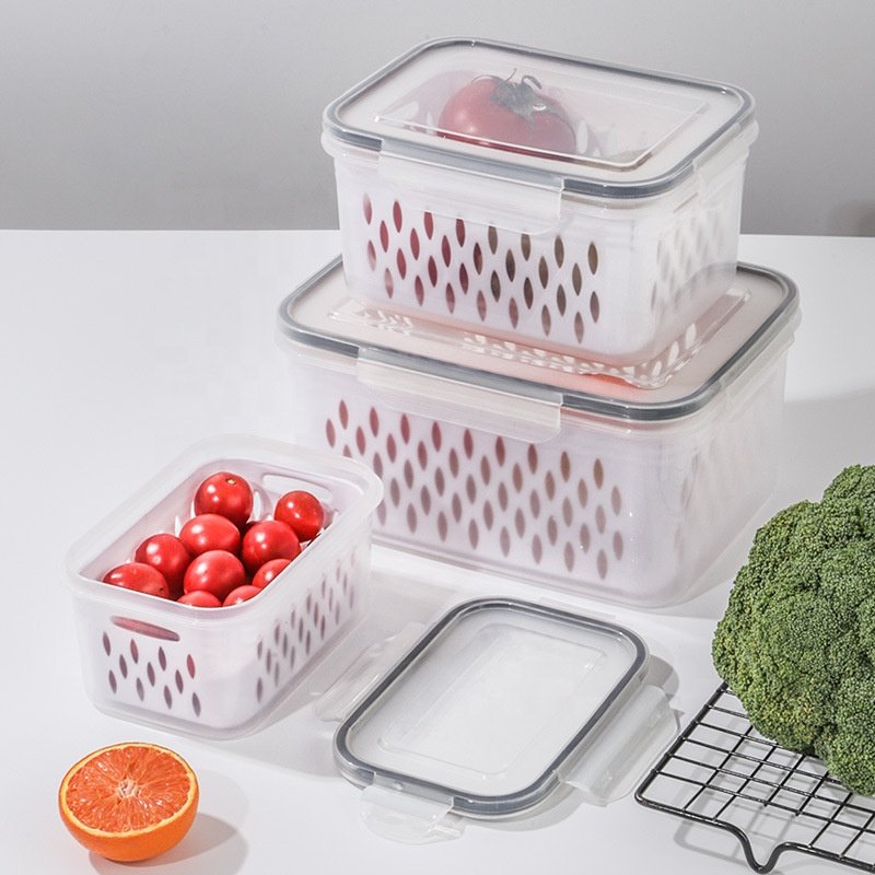 Vegetable Fruit Fresh Produce Fridge Refrigerator Fresh-keeping Storage Box Containers With Grid Strainer Drain Basket Crisper