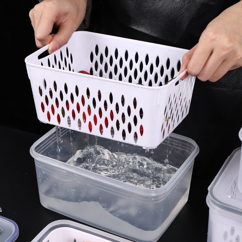 Vegetable Fruit Fresh Produce Fridge Refrigerator Fresh-keeping Storage Box Containers With Grid Strainer Drain Basket Crisper