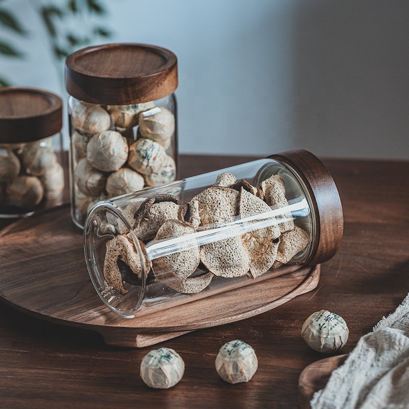 wholesale factory price Kitchen Storage thread type borosilicate glass food storage jars with airtight Acacia wooden screw Lid