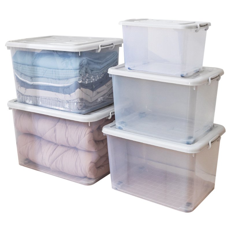 Transparent durable stackable nesting plastic storage bins with safety lids and latches