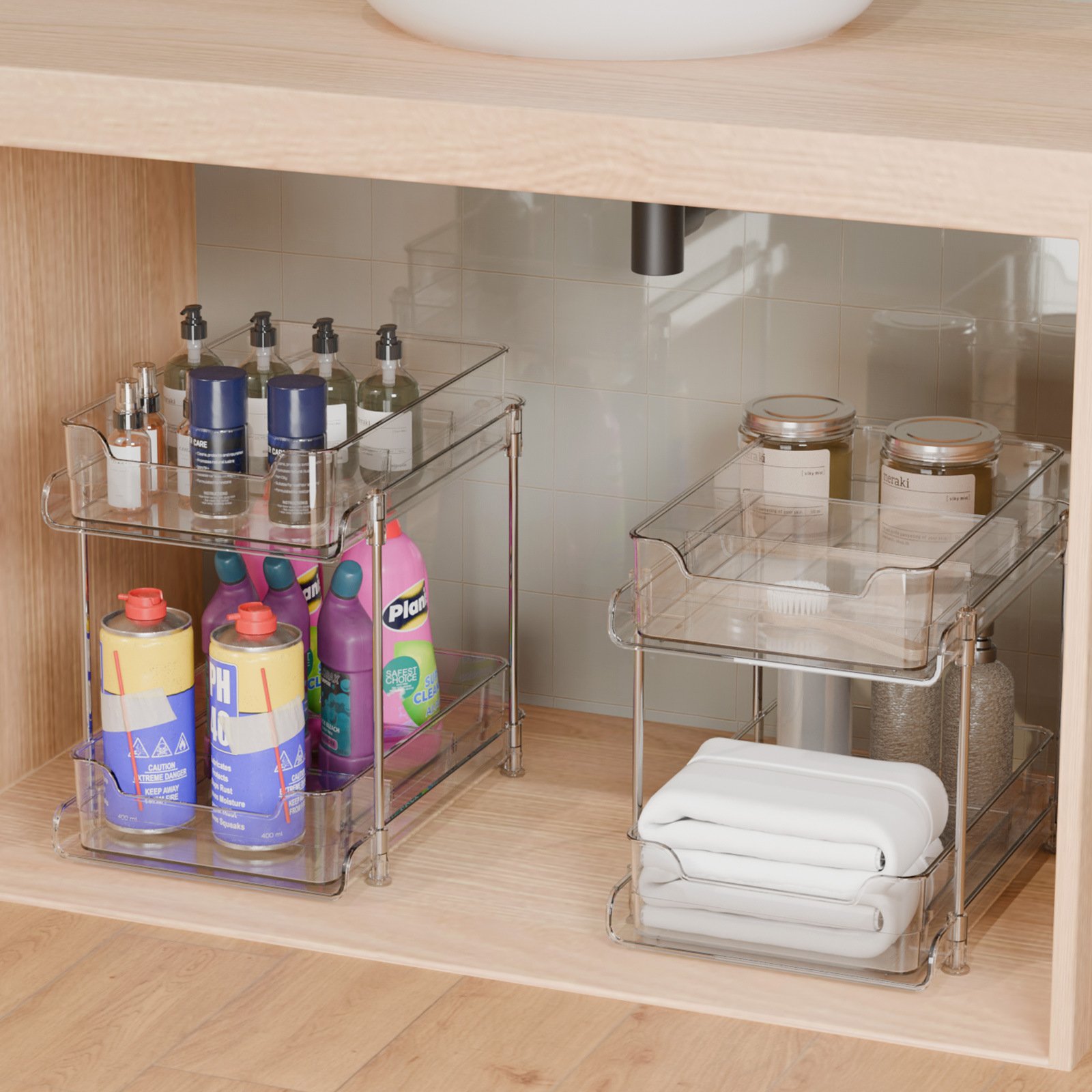 2 Layers Pull Out Things Transparent Cosmetics Storage Box Room Bathroom Storage Rack Under Sink Organizer For Home Desktop