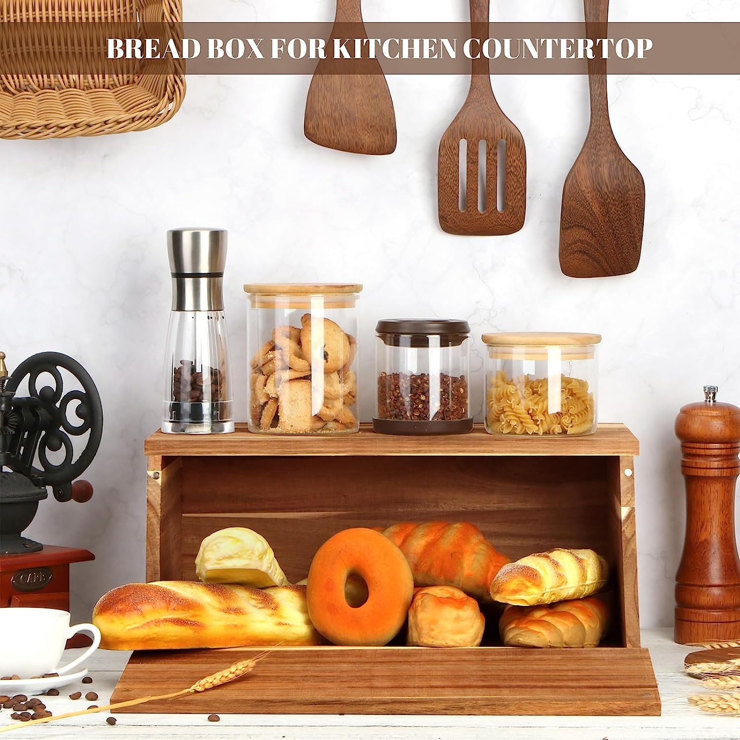 2024 Large food storage box Bread container box Wooden bread storage box for kitchen countertops