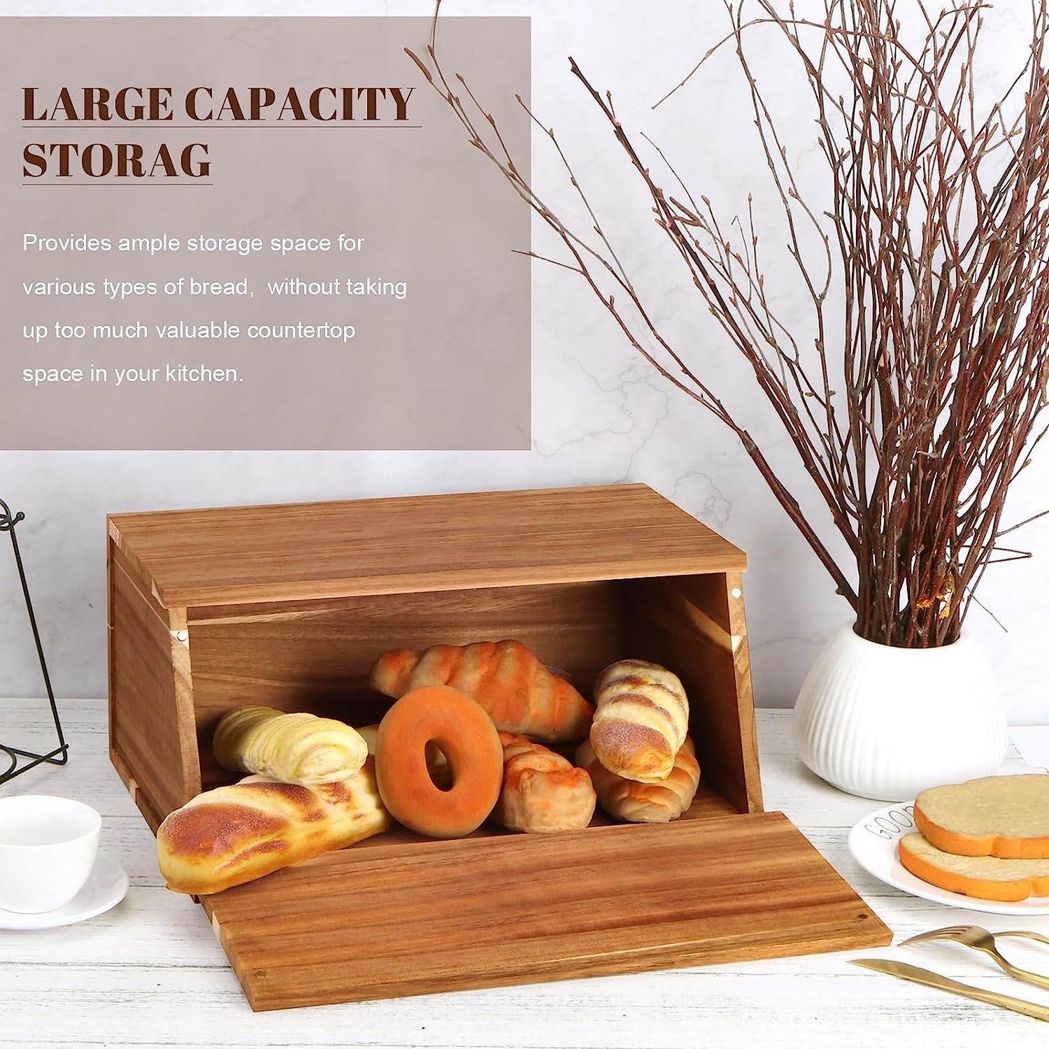 2024 Large food storage box Bread container box Wooden bread storage box for kitchen countertops