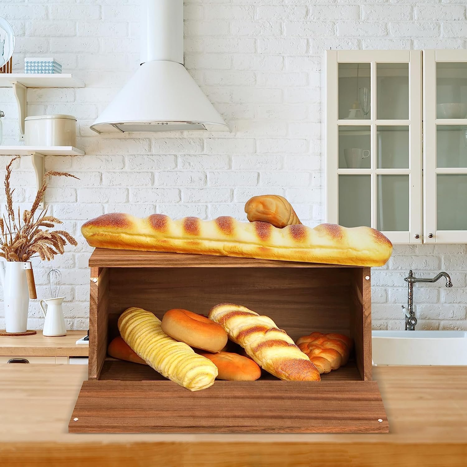 2024 Large food storage box Bread container box Wooden bread storage box for kitchen countertops
