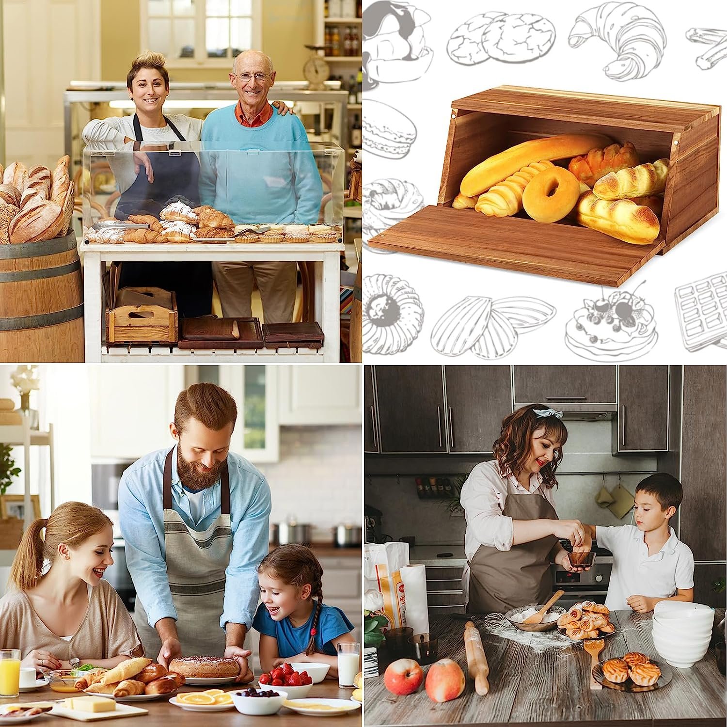 2024 Large food storage box Bread container box Wooden bread storage box for kitchen countertops