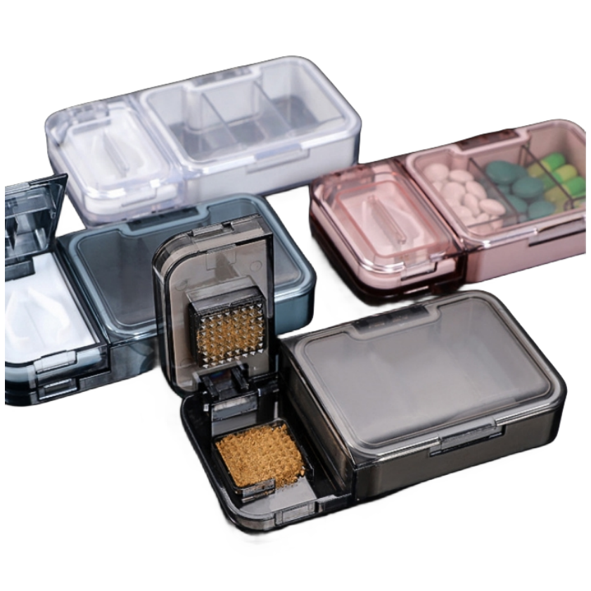 BPA Free Pill Box with Pill Cutter with Powder Grinder Mini Portable Medicine Storage Case For Vitamin Fish Oil For Travel