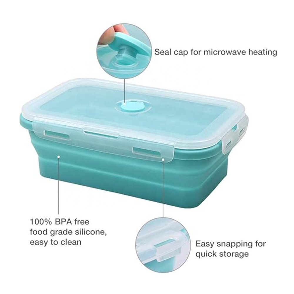 Collapsible Food Storage Container Rectangle Foldable Silicone Bowls with Airtight Snap-Top Lid