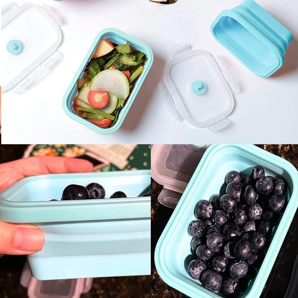Collapsible Food Storage Container Rectangle Foldable Silicone Bowls with Airtight Snap-Top Lid