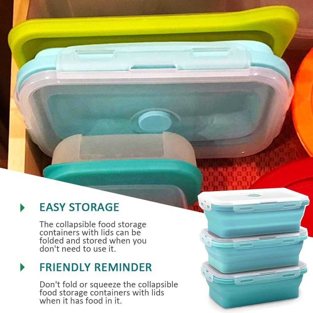 Collapsible Food Storage Container Rectangle Foldable Silicone Bowls with Airtight Snap-Top Lid