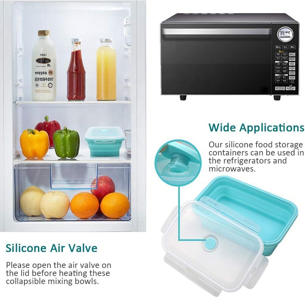 Collapsible Food Storage Container Rectangle Foldable Silicone Bowls with Airtight Snap-Top Lid