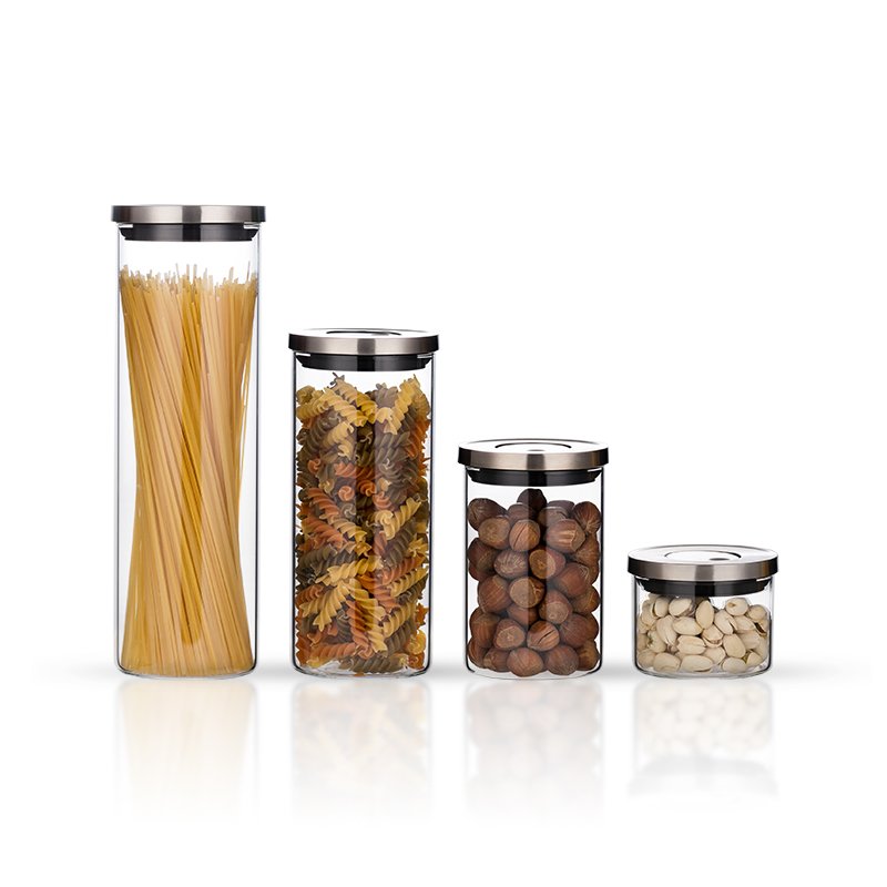 custom food storage canister container 3 piece set borosilicate glass jar with a metal Pressure-release lid
