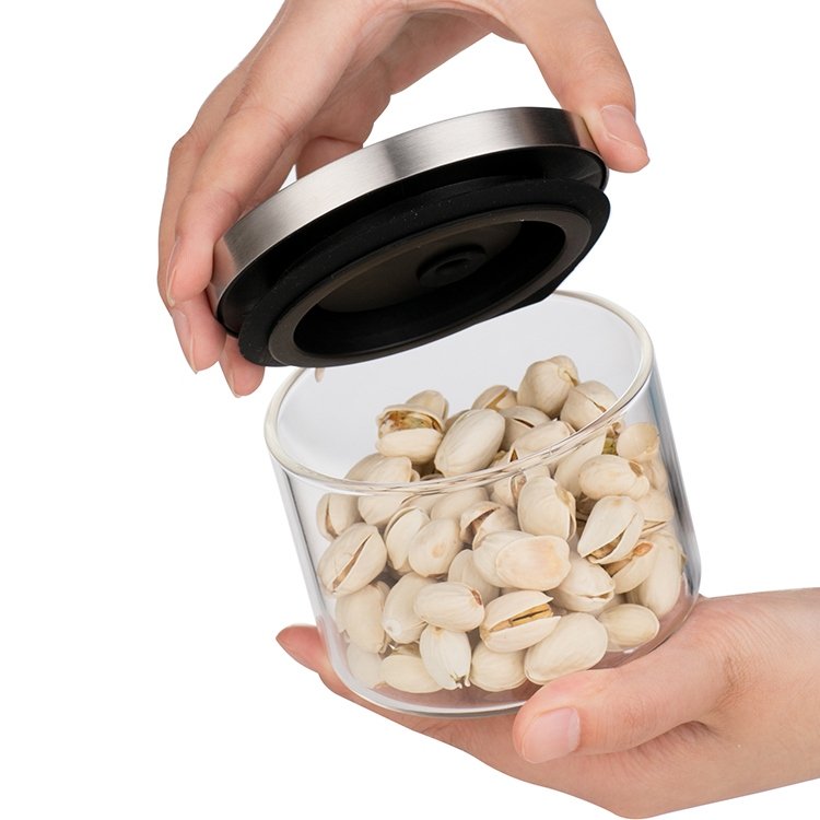 custom food storage canister container 3 piece set borosilicate glass jar with a metal Pressure-release lid