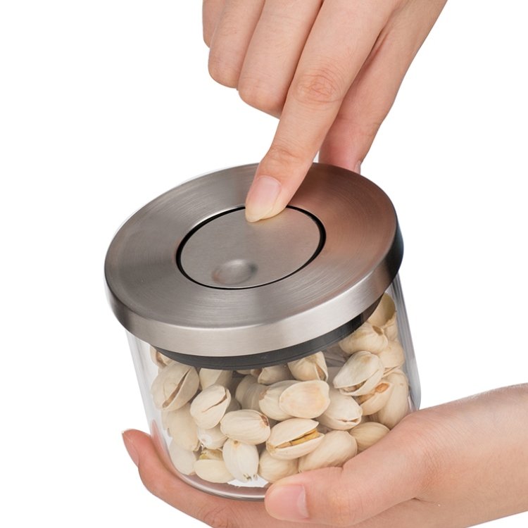 custom food storage canister container 3 piece set borosilicate glass jar with a metal Pressure-release lid