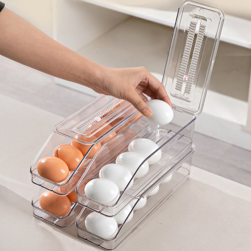 Automatic Rolling Egg Holder for Refrigerator Egg Storage Container Box Fridge Stackable Eggs Organizer Tray