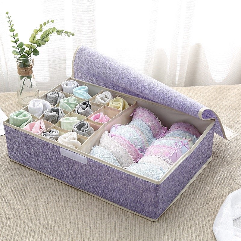 Washable Cotton Line Underwear Storage Box Foldable Socks Storage Bins with Lid