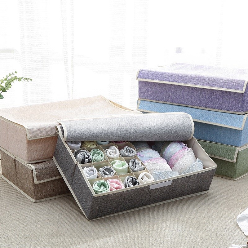 Washable Cotton Line Underwear Storage Box Foldable Socks Storage Bins with Lid