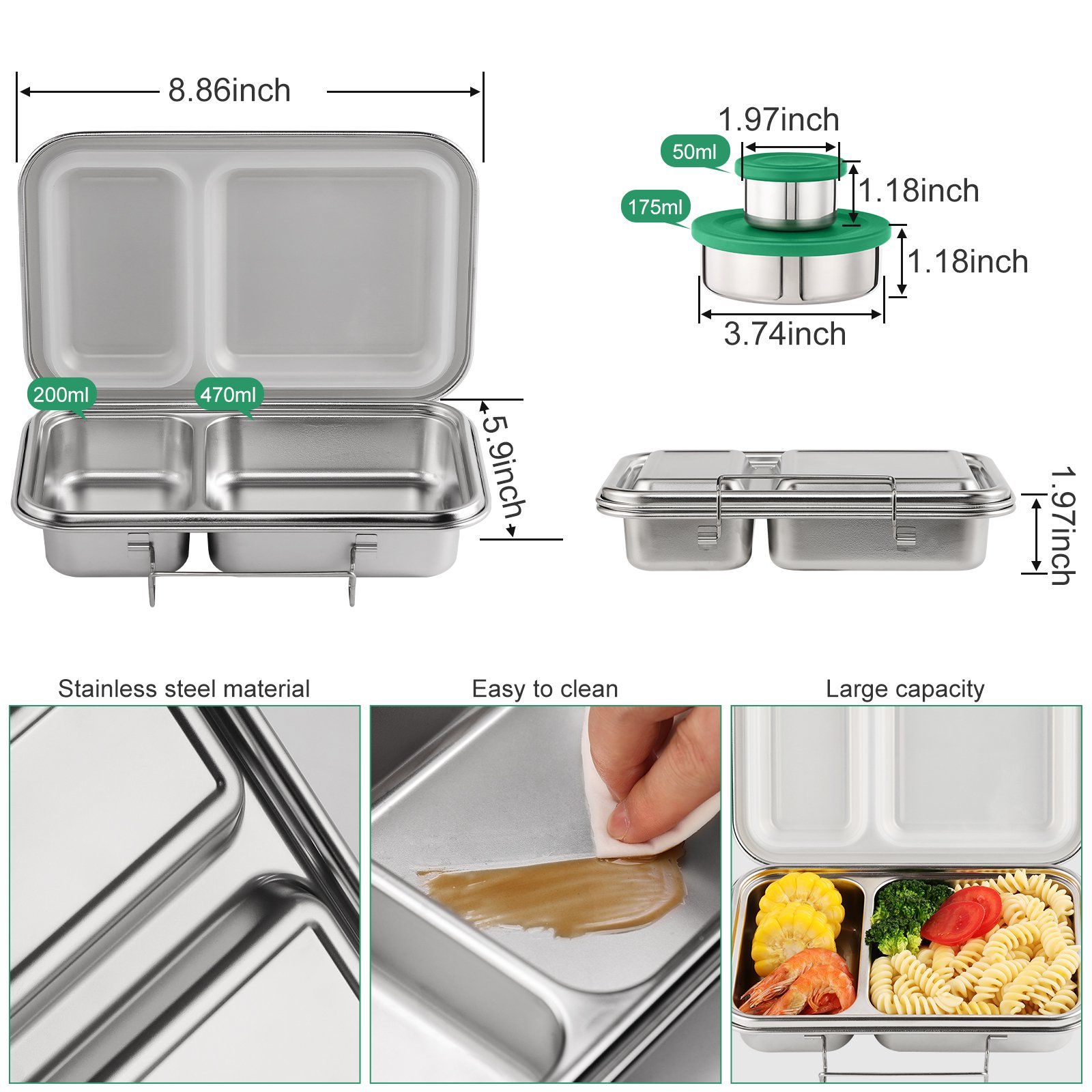OUMENG 2 compartments lunch box for kids food container stainless steel 304 food storage containers
