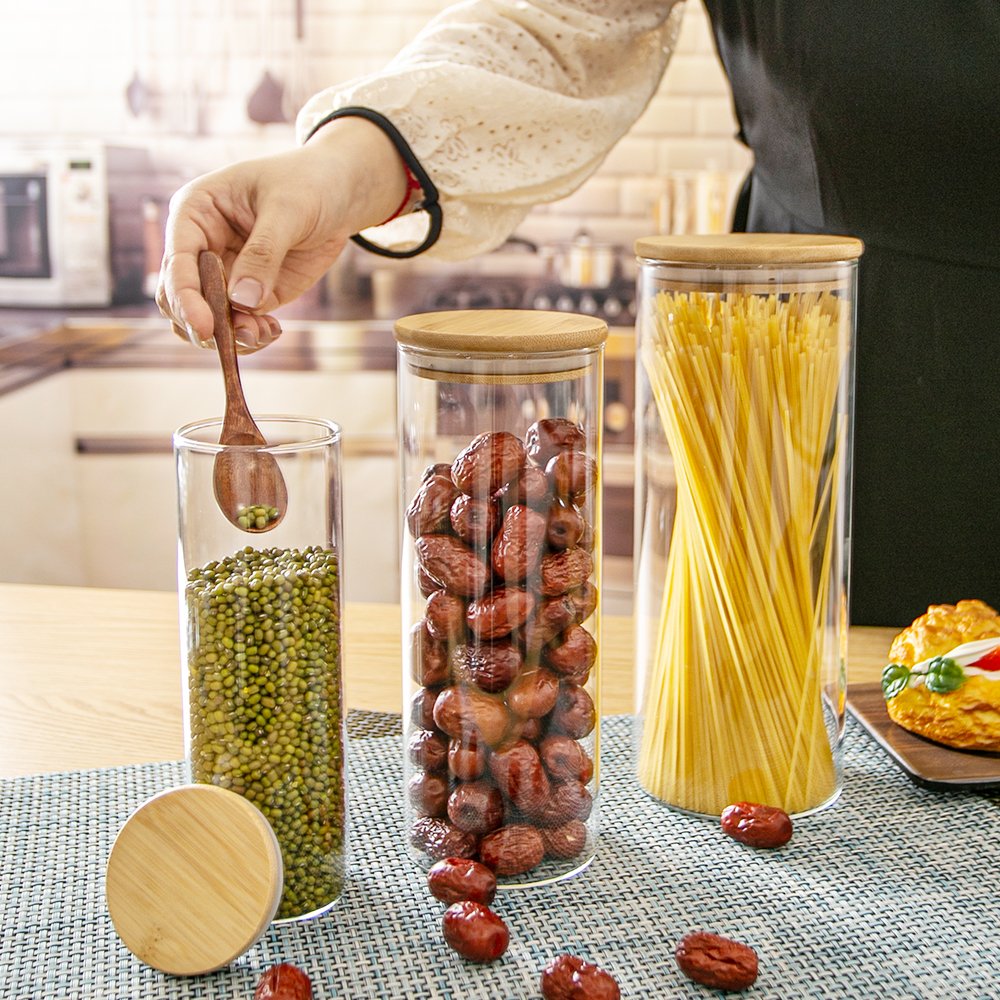 High Borosilicate Glass Bottle Coffee Beans Airtight Bamboo Lid Storage Organization Canisters Artificial Food for Home Kitchen