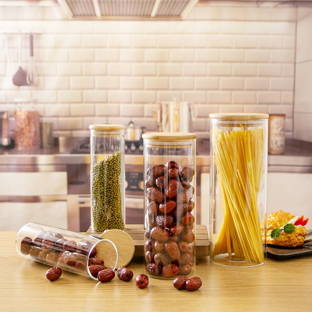 High Borosilicate Glass Bottle Coffee Beans Airtight Bamboo Lid Storage Organization Canisters Artificial Food for Home Kitchen