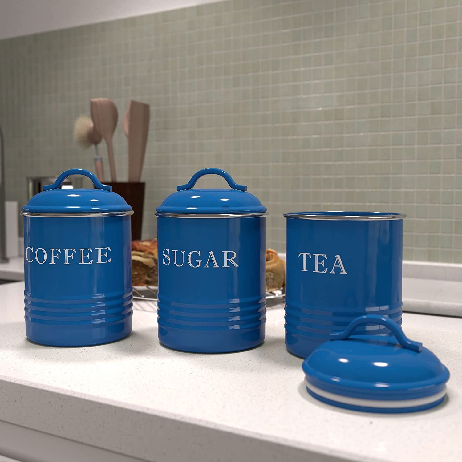 Farmhouse Galvanized Metal Kitchen Countertop Decor Set of 3 Tea Coffee Sugar Tin Canisters for Food Storage