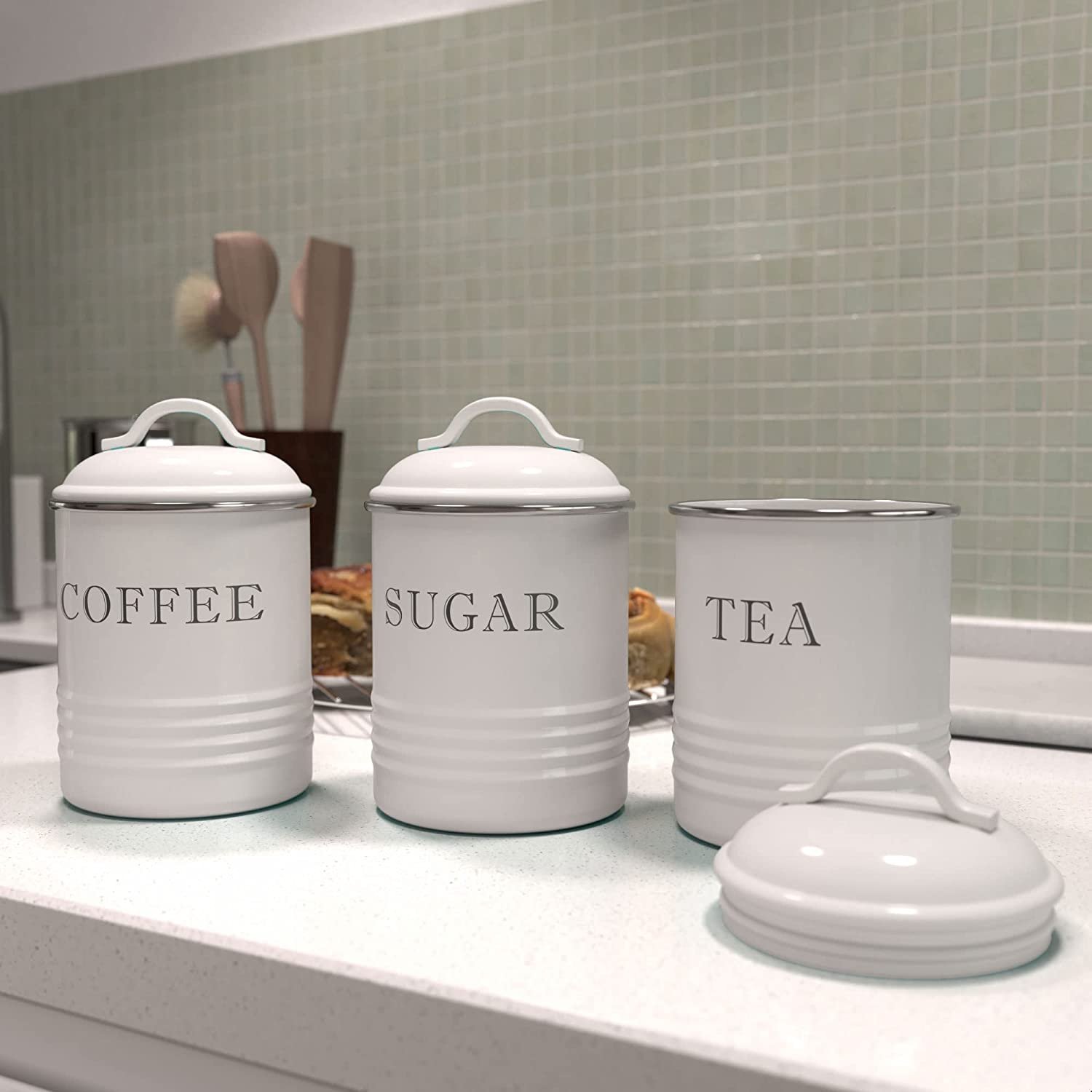 Farmhouse Galvanized Metal Kitchen Countertop Decor Set of 3 Tea Coffee Sugar Tin Canisters for Food Storage