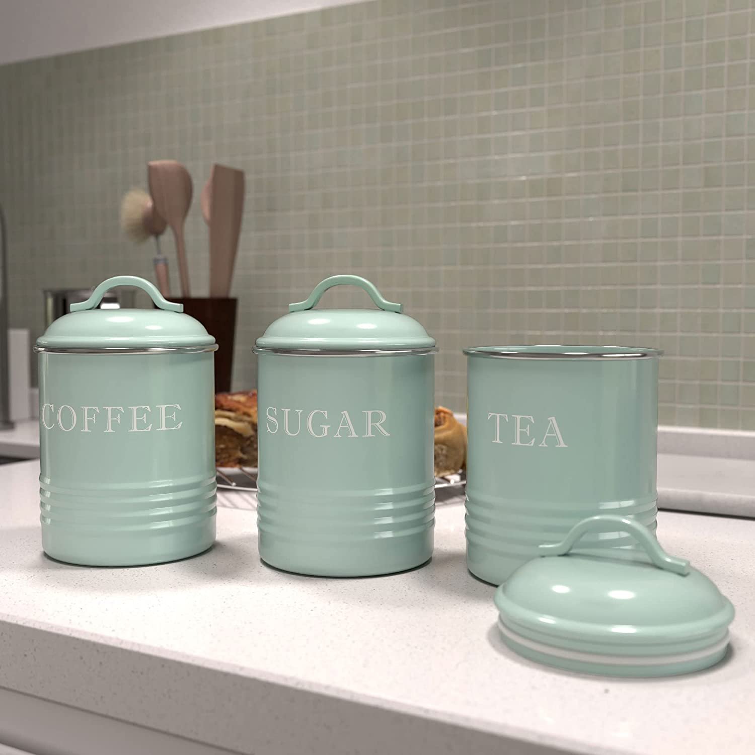 Farmhouse Galvanized Metal Kitchen Countertop Decor Set of 3 Tea Coffee Sugar Tin Canisters for Food Storage