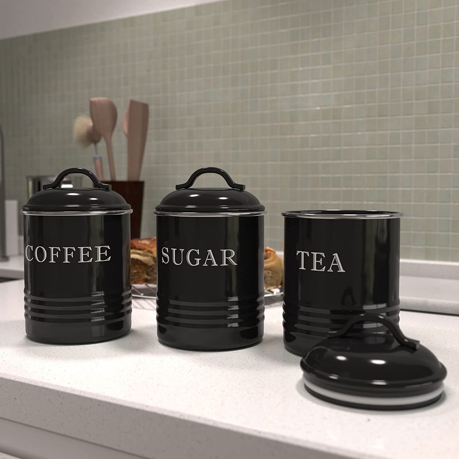 Farmhouse Galvanized Metal Kitchen Countertop Decor Set of 3 Tea Coffee Sugar Tin Canisters for Food Storage