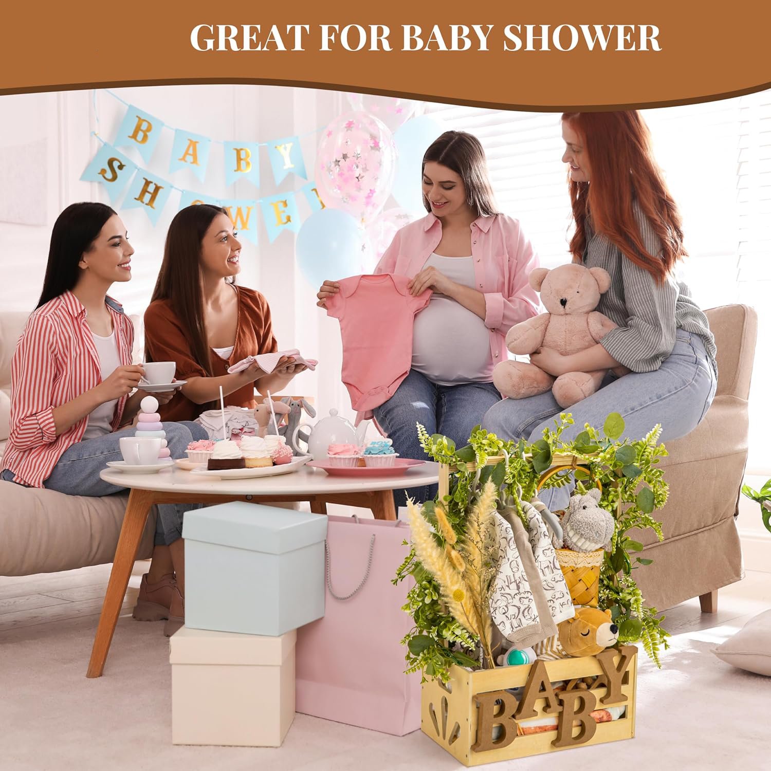Wooden Baby Shower Gift Basket with Handles Newborn Parents' Storage Box Welcome Gift Boys Girls Pregnancy Baby Shower Cabinet