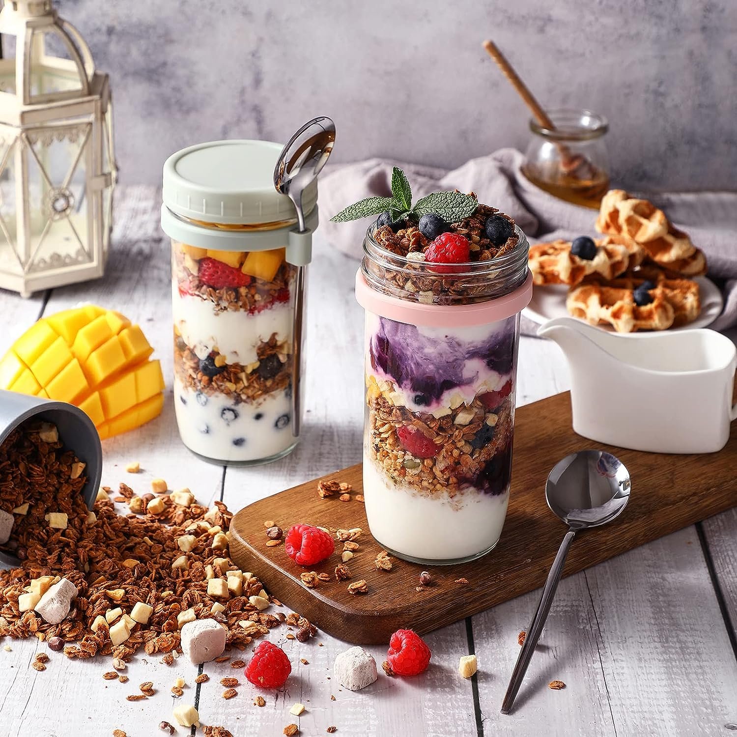 4 Pack Overnight Oats Containers with Lids and Spoons 24 oz Glass Mason Jars for Overnight Oats