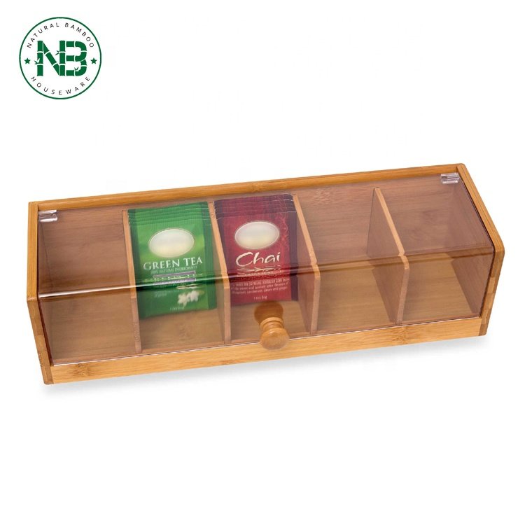5 Compartment Tea Bag Caddy Organiser Tea Container Bamboo Tea Box With Clear Acrylic Lid