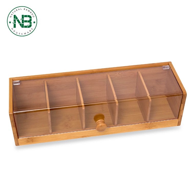 5 Compartment Tea Bag Caddy Organiser Tea Container Bamboo Tea Box With Clear Acrylic Lid