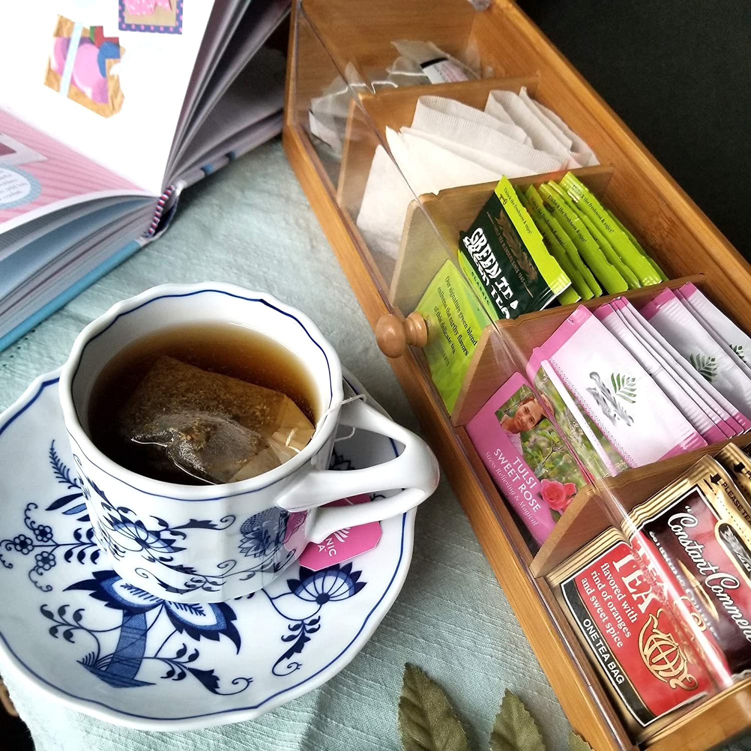 5 Compartment Tea Bag Caddy Organiser Tea Container Bamboo Tea Box With Clear Acrylic Lid