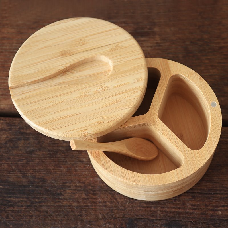 Custom Swivel Magnetic Lid 3 Compartments Bamboo Wooden Spice Jars Salt Cellar Spice Box storage Container With Spoon
