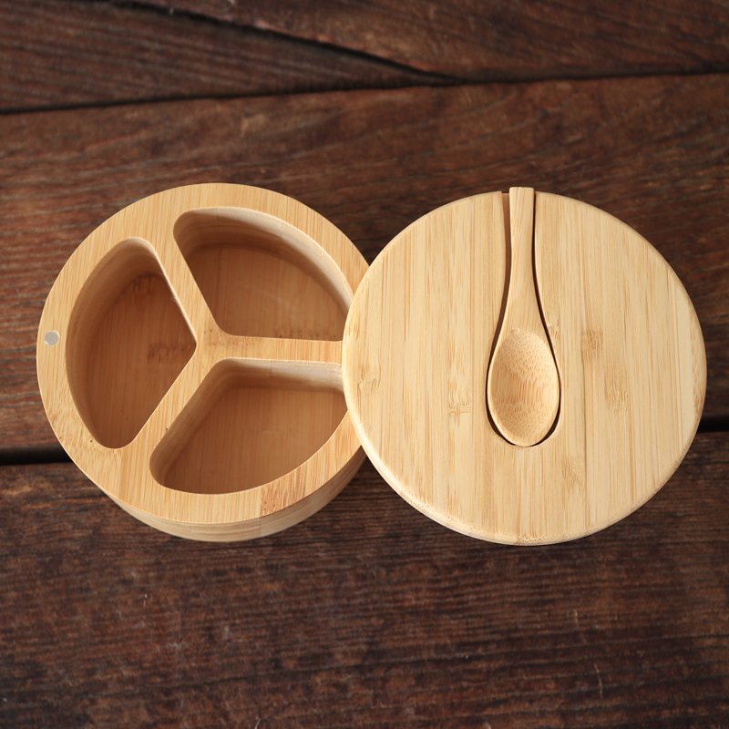 Custom Swivel Magnetic Lid 3 Compartments Bamboo Wooden Spice Jars Salt Cellar Spice Box storage Container With Spoon