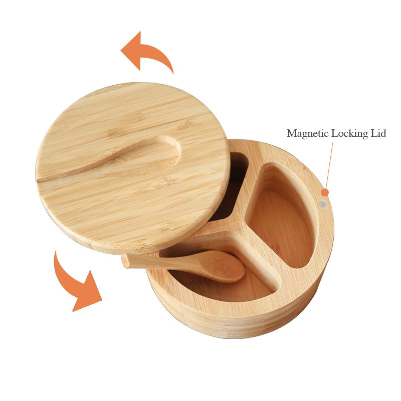 Custom Swivel Magnetic Lid 3 Compartments Bamboo Wooden Spice Jars Salt Cellar Spice Box storage Container With Spoon