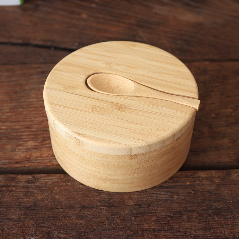 Custom Swivel Magnetic Lid 3 Compartments Bamboo Wooden Spice Jars Salt Cellar Spice Box storage Container With Spoon