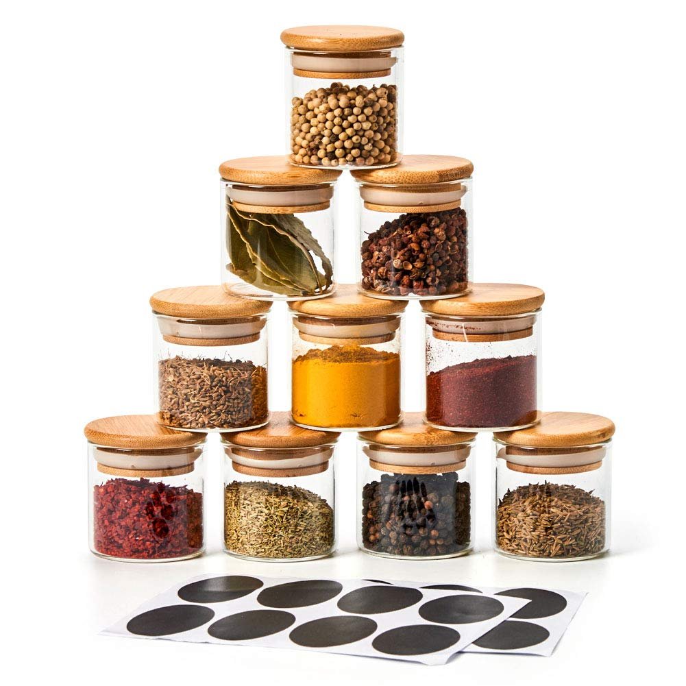Kitchen Food Storage Borosilicate Glass Spice Jar with Bamboo Lid with Label Sticker