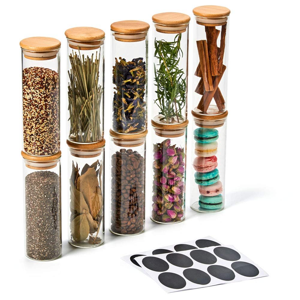 Kitchen Food Storage Borosilicate Glass Spice Jar with Bamboo Lid with Label Sticker
