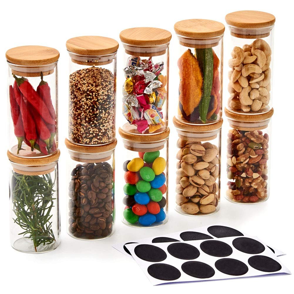 Kitchen Food Storage Borosilicate Glass Spice Jar with Bamboo Lid with Label Sticker