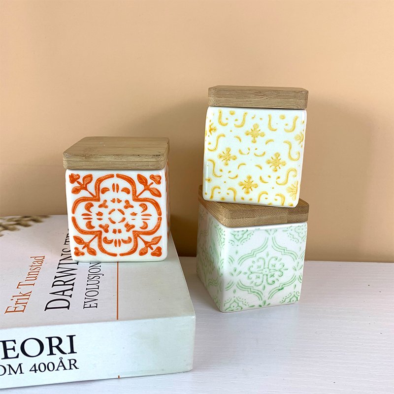 Custom porcelain airtight canister with bamboo lid ceramic storage jar for jewelry