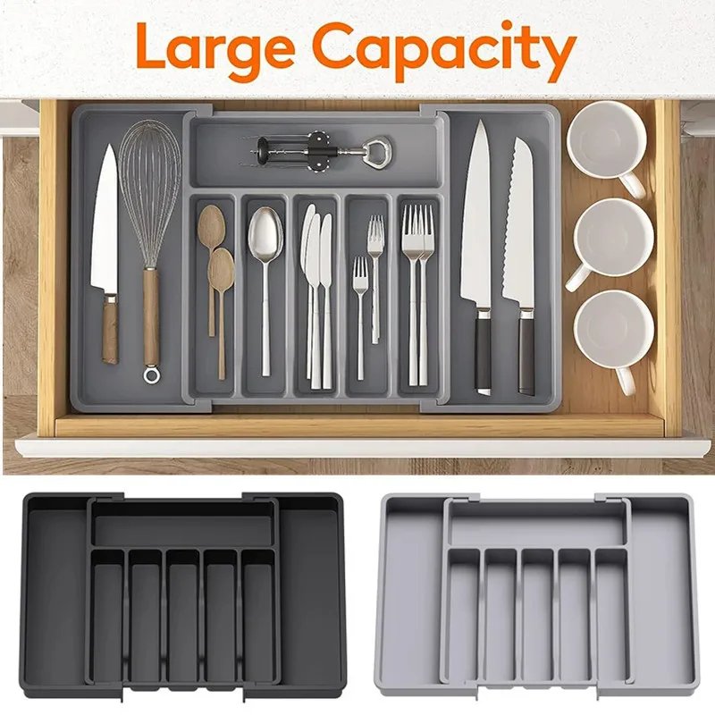 Silverware Drawer Organizer Expandable Utensil Tray for Kitchen Adjustable Flatware and Cutlery Holder Black Cutlery Organiser