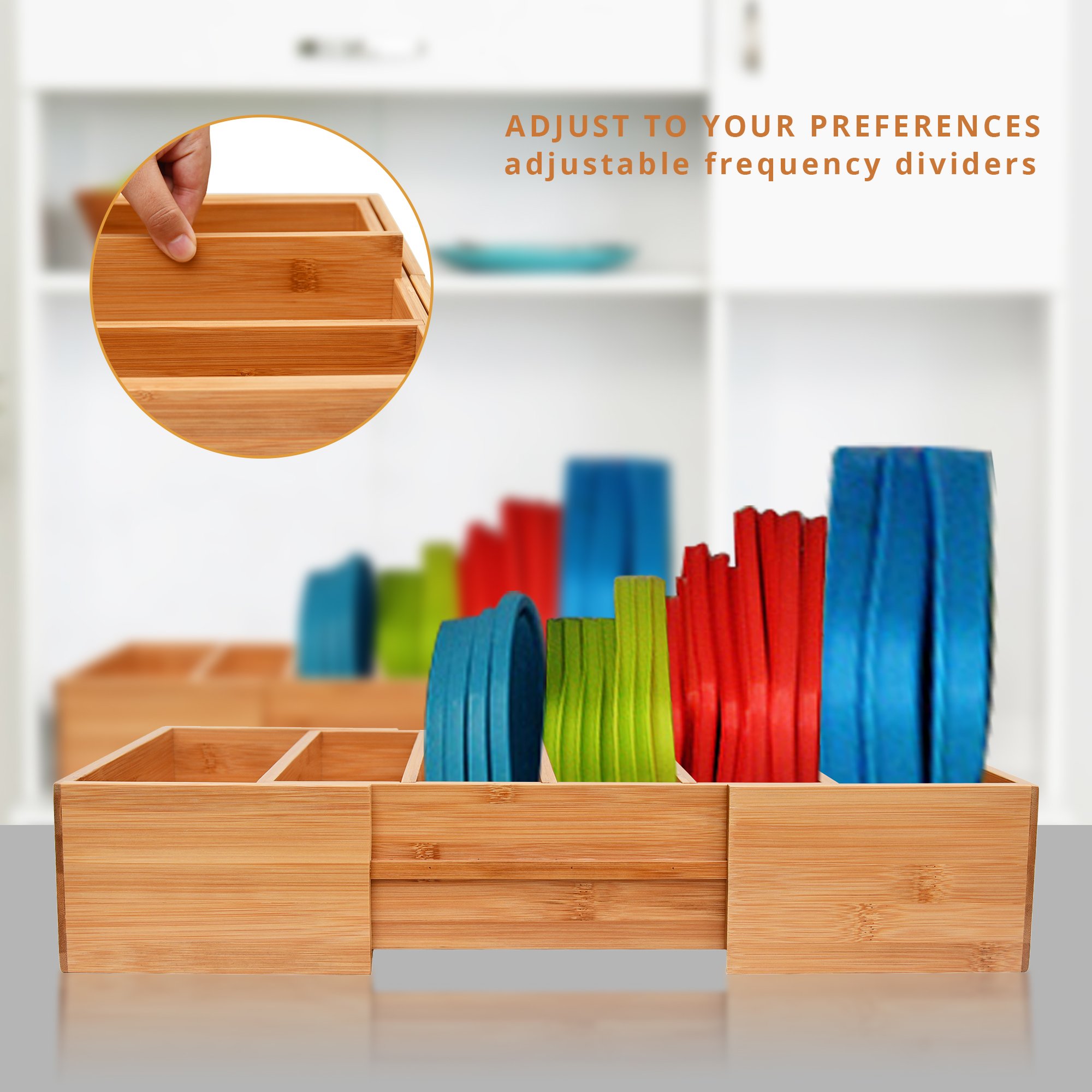 Expandable Bamboo Food Container Lid Organizer, Lid Organizer for Cabinet, Adjustable Lid Organizer Rack with Adjustable Divider