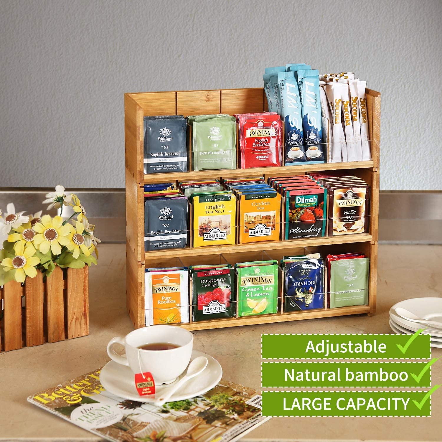Natural Bamboo 3-Tier Stackable Tea-Bag Organizer Storage Box Holder For tea bags Office Kitchen Cabinet Pantry