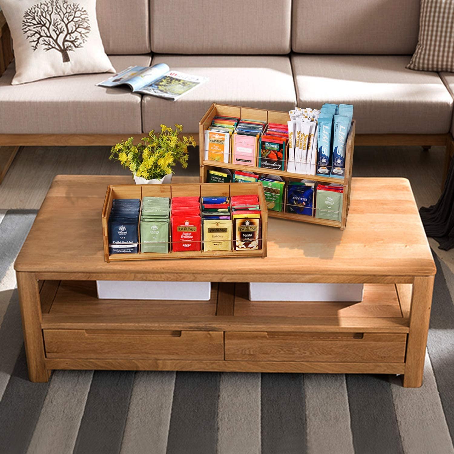 Natural Bamboo 3-Tier Stackable Tea-Bag Organizer Storage Box Holder For tea bags Office Kitchen Cabinet Pantry