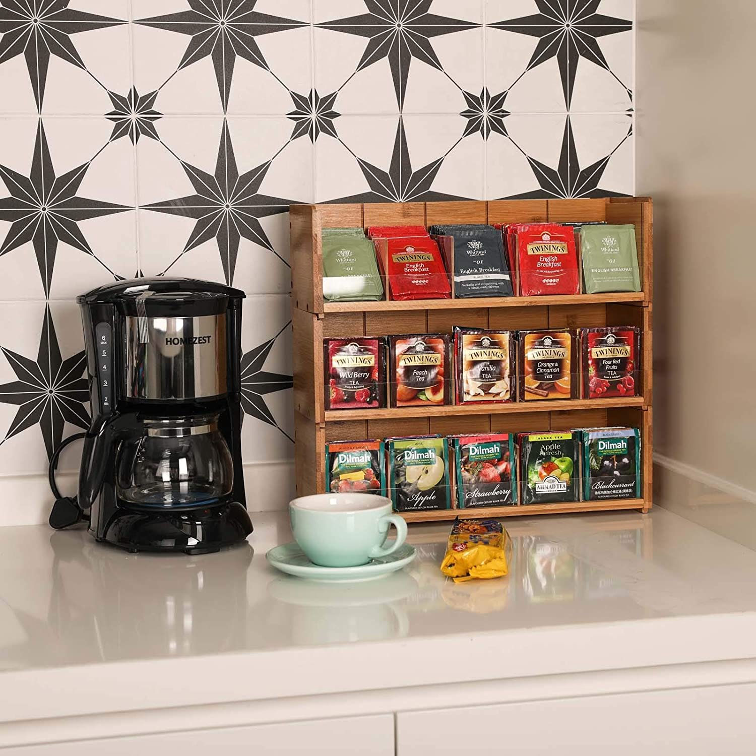 Natural Bamboo 3-Tier Stackable Tea-Bag Organizer Storage Box Holder For tea bags Office Kitchen Cabinet Pantry