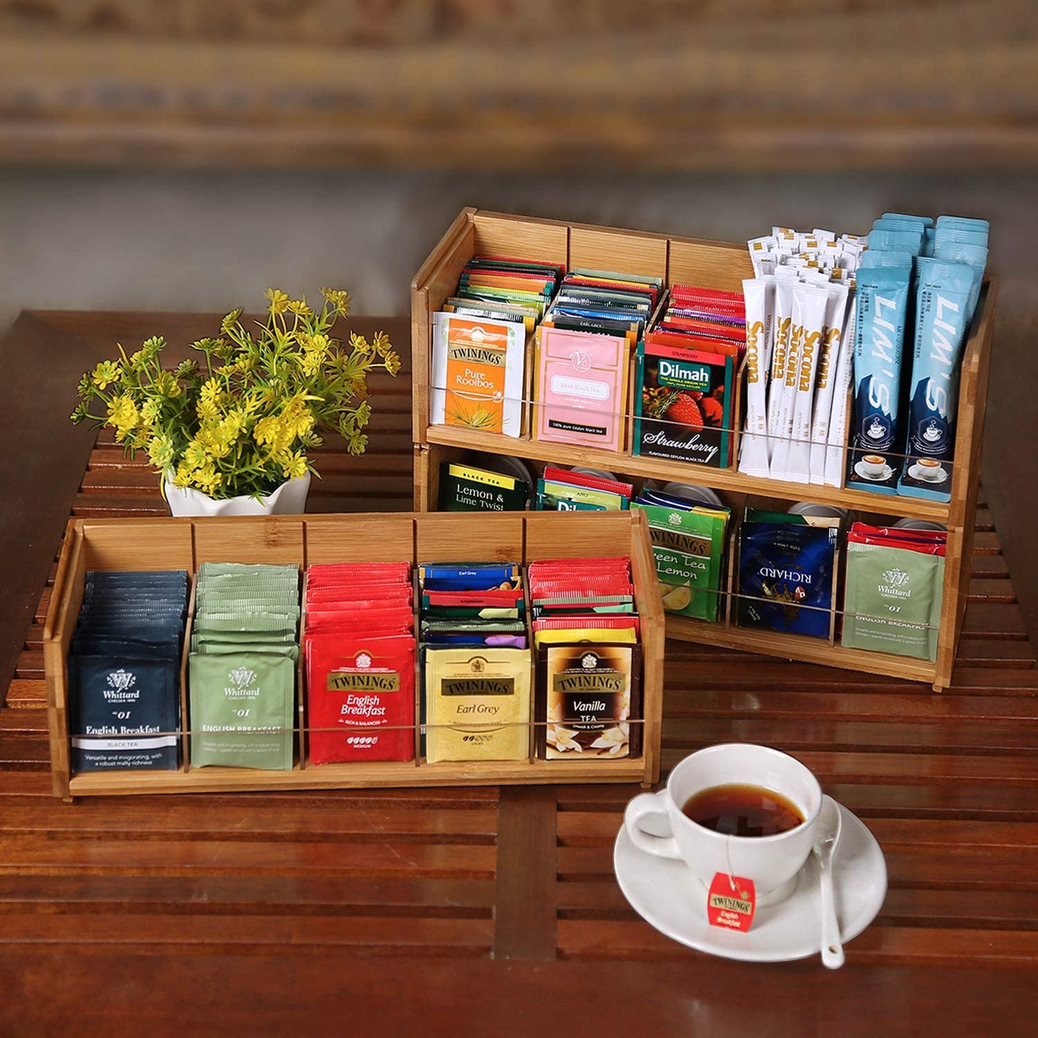 Natural Bamboo 3-Tier Stackable Tea-Bag Organizer Storage Box Holder For tea bags Office Kitchen Cabinet Pantry