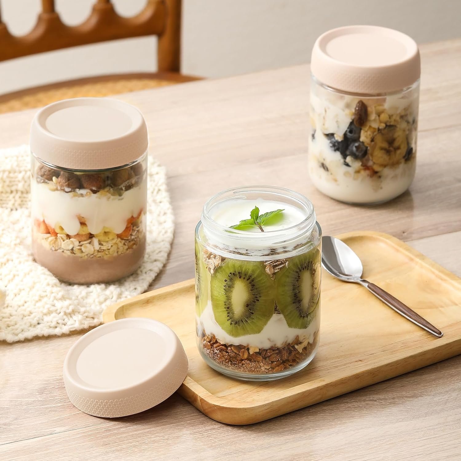 YOLOWE HOME 16oz Glass Jars Airtight Lids 6-Pack Wide Mouth Mason Salad Yogurt Containers Green Storage Bottles Overnight Oats